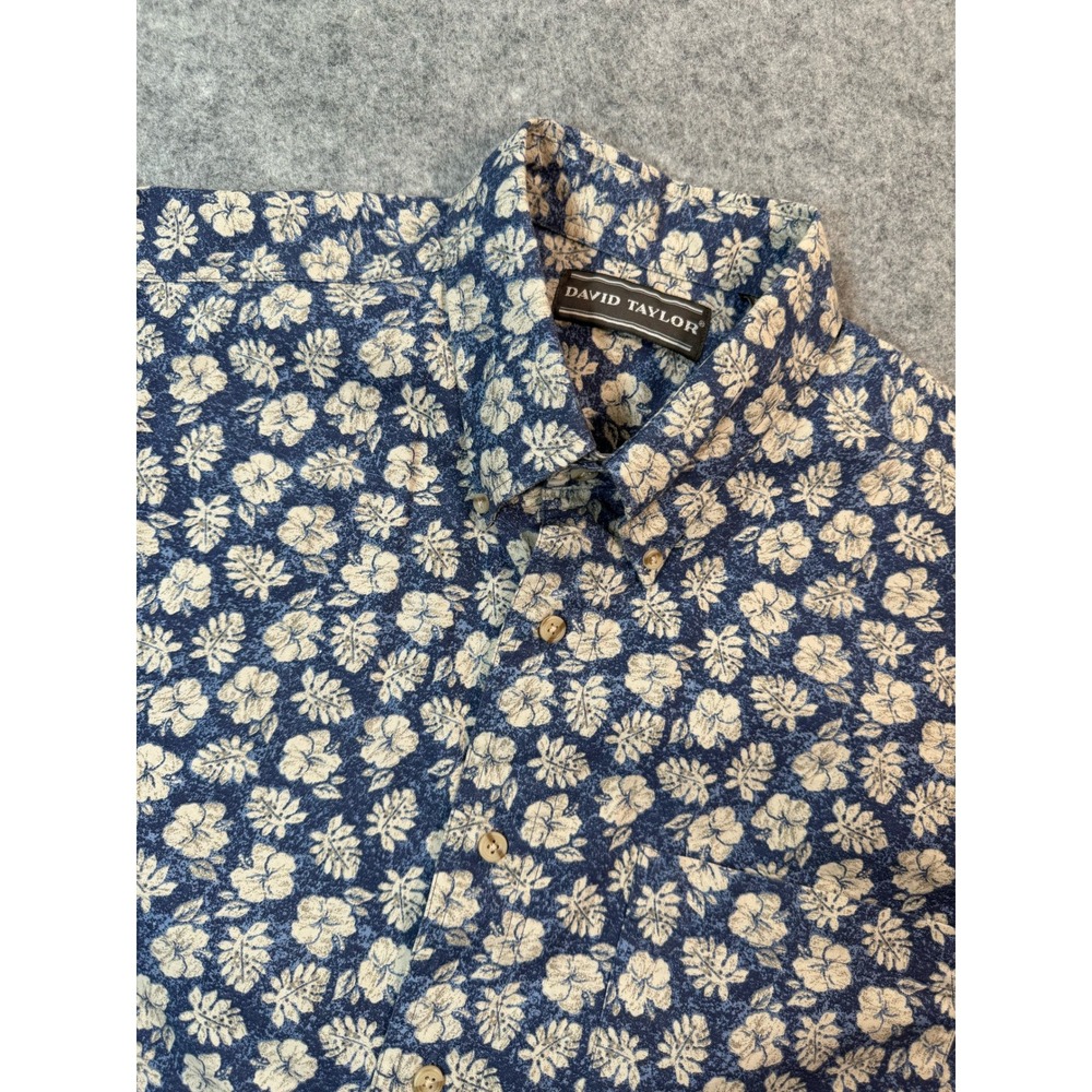 David Taylor Mens Large Blue Floral Hibiscus Cotton Short Sleeve Button Down